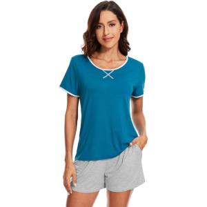 imageWiWi Pajamas for Women Soft Short Sleeve Sleepwear Cooling Pajama Set Shorts Pjs Loose Comfy Lounge Sets SXXLBteal Blue