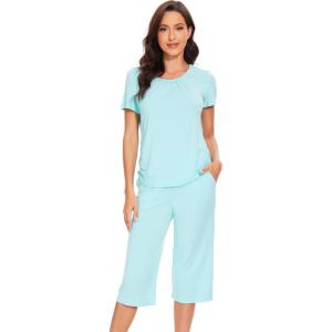 imageWiWi Soft Viscose from Bamboo Pajamas for Women Short Sleeve Pajama Sets with Capri Pants Pjs Comfy Loungewear SXXLAaqua