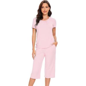 imageWiWi Soft Viscose from Bamboo Pajamas for Women Short Sleeve Pajama Sets with Capri Pants Pjs Comfy Loungewear SXXLApink