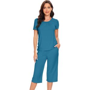 imageWiWi Soft Viscose from Bamboo Pajamas for Women Short Sleeve Pajama Sets with Capri Pants Pjs Comfy Loungewear SXXLAteal Blue