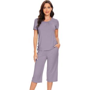 imageWiWi Soft Viscose from Bamboo Pajamas for Women Short Sleeve Pajama Sets with Capri Pants Pjs Comfy Loungewear SXXLAviolet