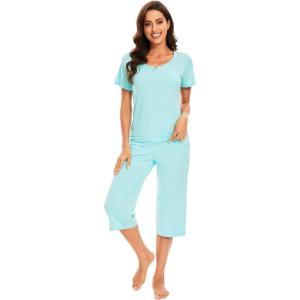 imageWiWi Soft Viscose from Bamboo Pajamas for Women Short Sleeve Pajama Sets with Capri Pants Pjs Comfy Loungewear SXXLBaqua
