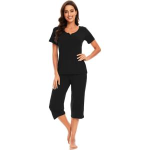 imageWiWi Soft Viscose from Bamboo Pajamas for Women Short Sleeve Pajama Sets with Capri Pants Pjs Comfy Loungewear SXXLBblack