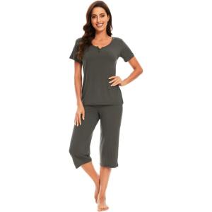 imageWiWi Soft Viscose from Bamboo Pajamas for Women Short Sleeve Pajama Sets with Capri Pants Pjs Comfy Loungewear SXXLBiron Grey