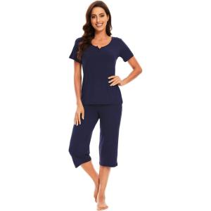 imageWiWi Soft Viscose from Bamboo Pajamas for Women Short Sleeve Pajama Sets with Capri Pants Pjs Comfy Loungewear SXXLBnavy