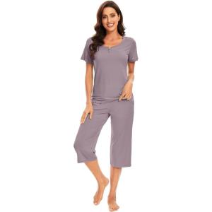 imageWiWi Soft Viscose from Bamboo Pajamas for Women Short Sleeve Pajama Sets with Capri Pants Pjs Comfy Loungewear SXXLBviolet