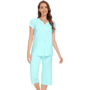 imageWiWi Soft Viscose from Bamboo Pajamas for Women Short Sleeve Pajama Sets with Capri Pants Pjs Comfy Loungewear SXXLCaqua