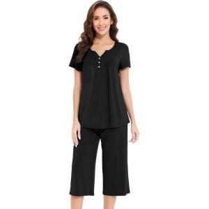 imageWiWi Soft Viscose from Bamboo Pajamas for Women Short Sleeve Pajama Sets with Capri Pants Pjs Comfy Loungewear SXXLCblack