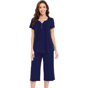 imageWiWi Soft Viscose from Bamboo Pajamas for Women Short Sleeve Pajama Sets with Capri Pants Pjs Comfy Loungewear SXXLCnavy