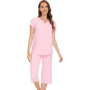 imageWiWi Soft Viscose from Bamboo Pajamas for Women Short Sleeve Pajama Sets with Capri Pants Pjs Comfy Loungewear SXXLCpink