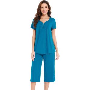 imageWiWi Soft Viscose from Bamboo Pajamas for Women Short Sleeve Pajama Sets with Capri Pants Pjs Comfy Loungewear SXXLCteal Blue