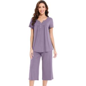 imageWiWi Soft Viscose from Bamboo Pajamas for Women Short Sleeve Pajama Sets with Capri Pants Pjs Comfy Loungewear SXXLCviolet