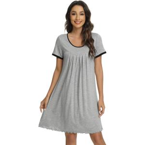 imageWiWi Viscose from Bamboo Nightgowns for Women Short Sleeve Night Shirts Pleated Sleep Shirt Plus Size Nightshirt S3XAlight Heather Grey