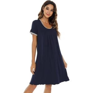 imageWiWi Viscose from Bamboo Nightgowns for Women Short Sleeve Night Shirts Pleated Sleep Shirt Plus Size Nightshirt S3XAnavy