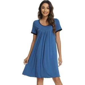 imageWiWi Viscose from Bamboo Nightgowns for Women Short Sleeve Night Shirts Pleated Sleep Shirt Plus Size Nightshirt S3XAprussian Blue