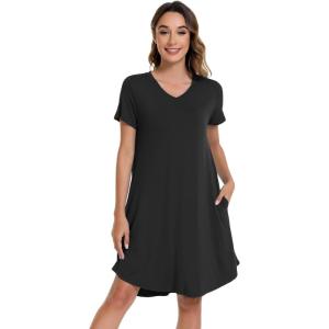 imageWiWi Viscose from Bamboo Nightgowns for Women Short Sleeve Pajama Dress Vneck Summer Night Shirts SXXLBlack