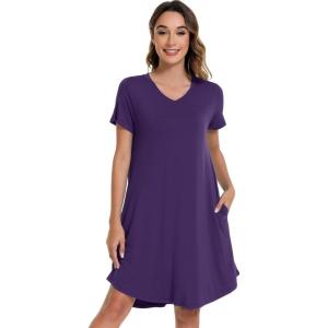 imageWiWi Viscose from Bamboo Nightgowns for Women Short Sleeve Pajama Dress Vneck Summer Night Shirts SXXLDark Purple