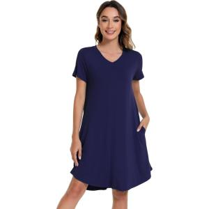 imageWiWi Viscose from Bamboo Nightgowns for Women Short Sleeve Pajama Dress Vneck Summer Night Shirts SXXLNavy