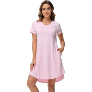 imageWiWi Viscose from Bamboo Nightgowns for Women Short Sleeve Pajama Dress Vneck Summer Night Shirts SXXLPink