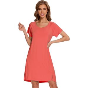 imageWiWi Viscose from Bamboo Nightgowns for Women Soft Short Raglan Sleeve Pajama Gowns Nightshirts SXXLCoral