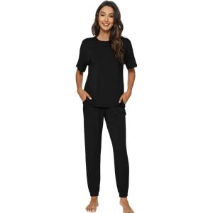 imageWiWi Viscose from Bamboo Pajamas Set for Women Short Sleeve Loungewear 2 Piece Outfit Long Pants Jogger Sets Pjs SXXLBlack