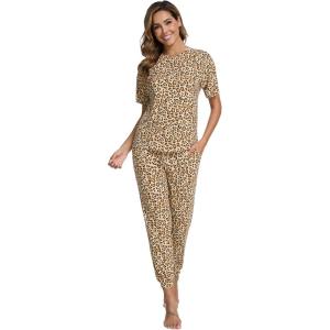 imageWiWi Viscose from Bamboo Pajamas Set for Women Short Sleeve Loungewear 2 Piece Outfit Long Pants Jogger Sets Pjs SXXLBrown Leopard