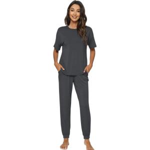 imageWiWi Viscose from Bamboo Pajamas Set for Women Short Sleeve Loungewear 2 Piece Outfit Long Pants Jogger Sets Pjs SXXLCharcoal