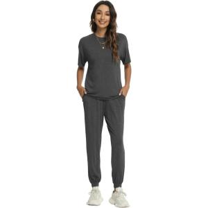 imageWiWi Viscose from Bamboo Pajamas Set for Women Short Sleeve Loungewear 2 Piece Outfit Long Pants Jogger Sets Pjs SXXLCharcoal Heather