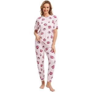 imageWiWi Viscose from Bamboo Pajamas Set for Women Short Sleeve Loungewear 2 Piece Outfit Long Pants Jogger Sets Pjs SXXLCoffee Cup