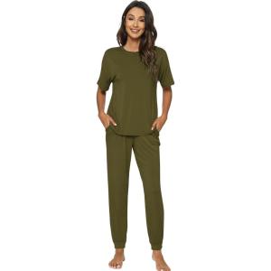 imageWiWi Viscose from Bamboo Pajamas Set for Women Short Sleeve Loungewear 2 Piece Outfit Long Pants Jogger Sets Pjs SXXLDark Army Green