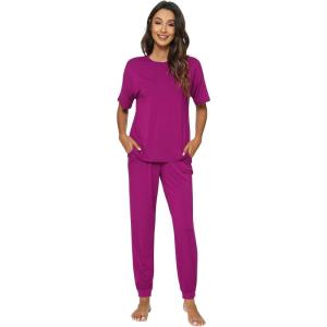 imageWiWi Viscose from Bamboo Pajamas Set for Women Short Sleeve Loungewear 2 Piece Outfit Long Pants Jogger Sets Pjs SXXLDark Reddish Purple