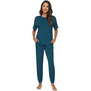 imageWiWi Viscose from Bamboo Pajamas Set for Women Short Sleeve Loungewear 2 Piece Outfit Long Pants Jogger Sets Pjs SXXLInk Blue