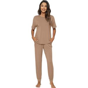 imageWiWi Viscose from Bamboo Pajamas Set for Women Short Sleeve Loungewear 2 Piece Outfit Long Pants Jogger Sets Pjs SXXLKhaki