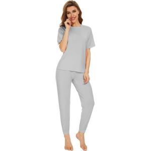 imageWiWi Viscose from Bamboo Pajamas Set for Women Short Sleeve Loungewear 2 Piece Outfit Long Pants Jogger Sets Pjs SXXLLight Grey