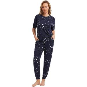 imageWiWi Viscose from Bamboo Pajamas Set for Women Short Sleeve Loungewear 2 Piece Outfit Long Pants Jogger Sets Pjs SXXLNavy Stars