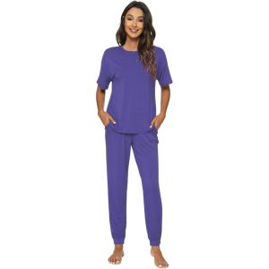 imageWiWi Viscose from Bamboo Pajamas Set for Women Short Sleeve Loungewear 2 Piece Outfit Long Pants Jogger Sets Pjs SXXLPeriwinkle3