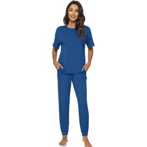 imageWiWi Viscose from Bamboo Pajamas Set for Women Short Sleeve Loungewear 2 Piece Outfit Long Pants Jogger Sets Pjs SXXLPrussian Blue