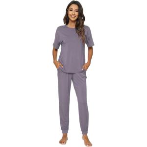 imageWiWi Viscose from Bamboo Pajamas Set for Women Short Sleeve Loungewear 2 Piece Outfit Long Pants Jogger Sets Pjs SXXLPurplish Grey