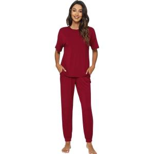 imageWiWi Viscose from Bamboo Pajamas Set for Women Short Sleeve Loungewear 2 Piece Outfit Long Pants Jogger Sets Pjs SXXLWine