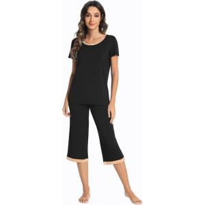 imageWiWi Viscose from Bamboo Pajamas Set for Women Soft Short Sleeve Tops Capri Pants Sleepwear Plus Size Pjs Sets S3XAblack