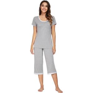 imageWiWi Viscose from Bamboo Pajamas Set for Women Soft Short Sleeve Tops Capri Pants Sleepwear Plus Size Pjs Sets S3XAheather Grey