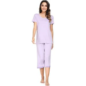 imageWiWi Viscose from Bamboo Pajamas Set for Women Soft Short Sleeve Tops Capri Pants Sleepwear Plus Size Pjs Sets S3XAtaro Purple