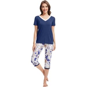 imageWiWi Viscose from Bamboo Pajamas Set for Women Soft Short Sleeve Tops Capri Pants Sleepwear Plus Size Pjs Sets S3XBblue Depth Flower