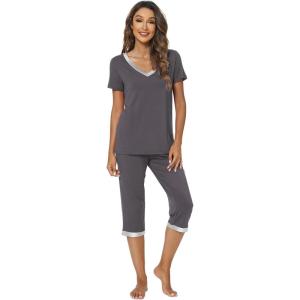 imageWiWi Viscose from Bamboo Pajamas Set for Women Soft Short Sleeve Tops Capri Pants Sleepwear Plus Size Pjs Sets S3XBdark Grey