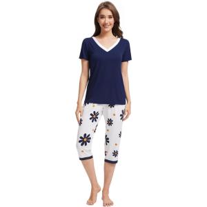 imageWiWi Viscose from Bamboo Pajamas Set for Women Soft Short Sleeve Tops Capri Pants Sleepwear Plus Size Pjs Sets S3XBnavyDaisy