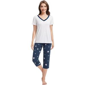 imageWiWi Viscose from Bamboo Pajamas Set for Women Soft Short Sleeve Tops Capri Pants Sleepwear Plus Size Pjs Sets S3XBraw WhiteDark Navy Star