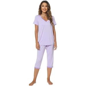 imageWiWi Viscose from Bamboo Pajamas Set for Women Soft Short Sleeve Tops Capri Pants Sleepwear Plus Size Pjs Sets S3XBtaro Purple