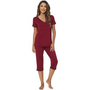imageWiWi Viscose from Bamboo Pajamas Set for Women Soft Short Sleeve Tops Capri Pants Sleepwear Plus Size Pjs Sets S3XBwine