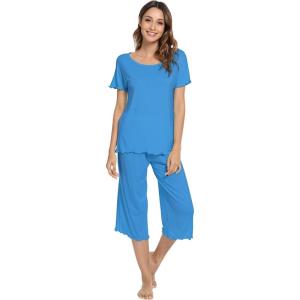 imageWiWi Viscose from Bamboo Pajamas Set for Women Soft Short Sleeve Tops Capri Pants Sleepwear Plus Size Pjs Sets S3XCbright Blue