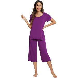 imageWiWi Viscose from Bamboo Pajamas Set for Women Soft Short Sleeve Tops Capri Pants Sleepwear Plus Size Pjs Sets S3XCpurple